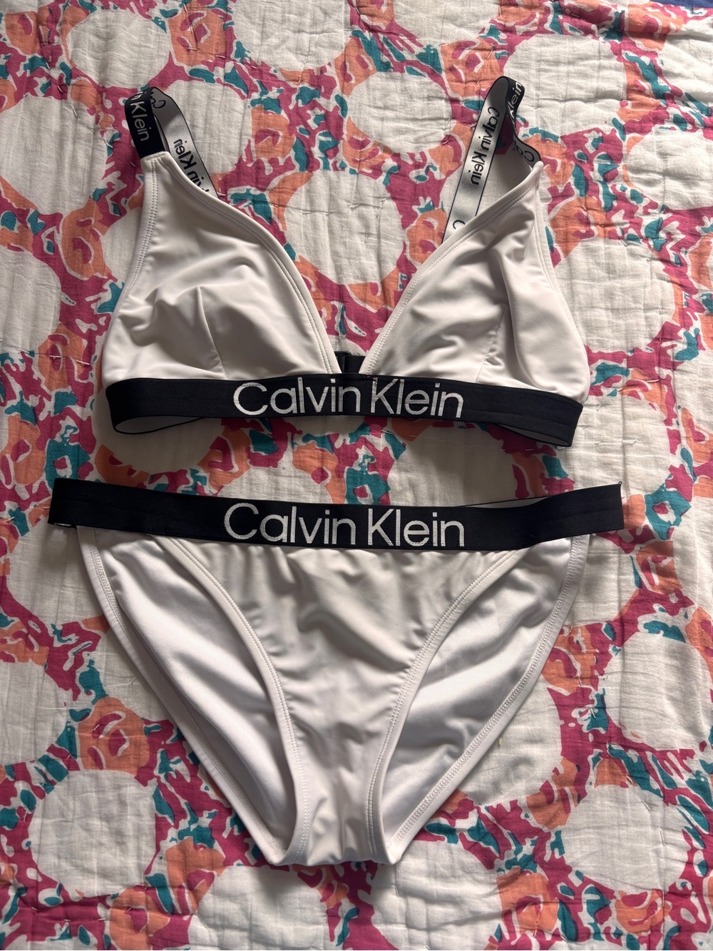 Calvin Klein White Bikini Set with Black Logo Bands
